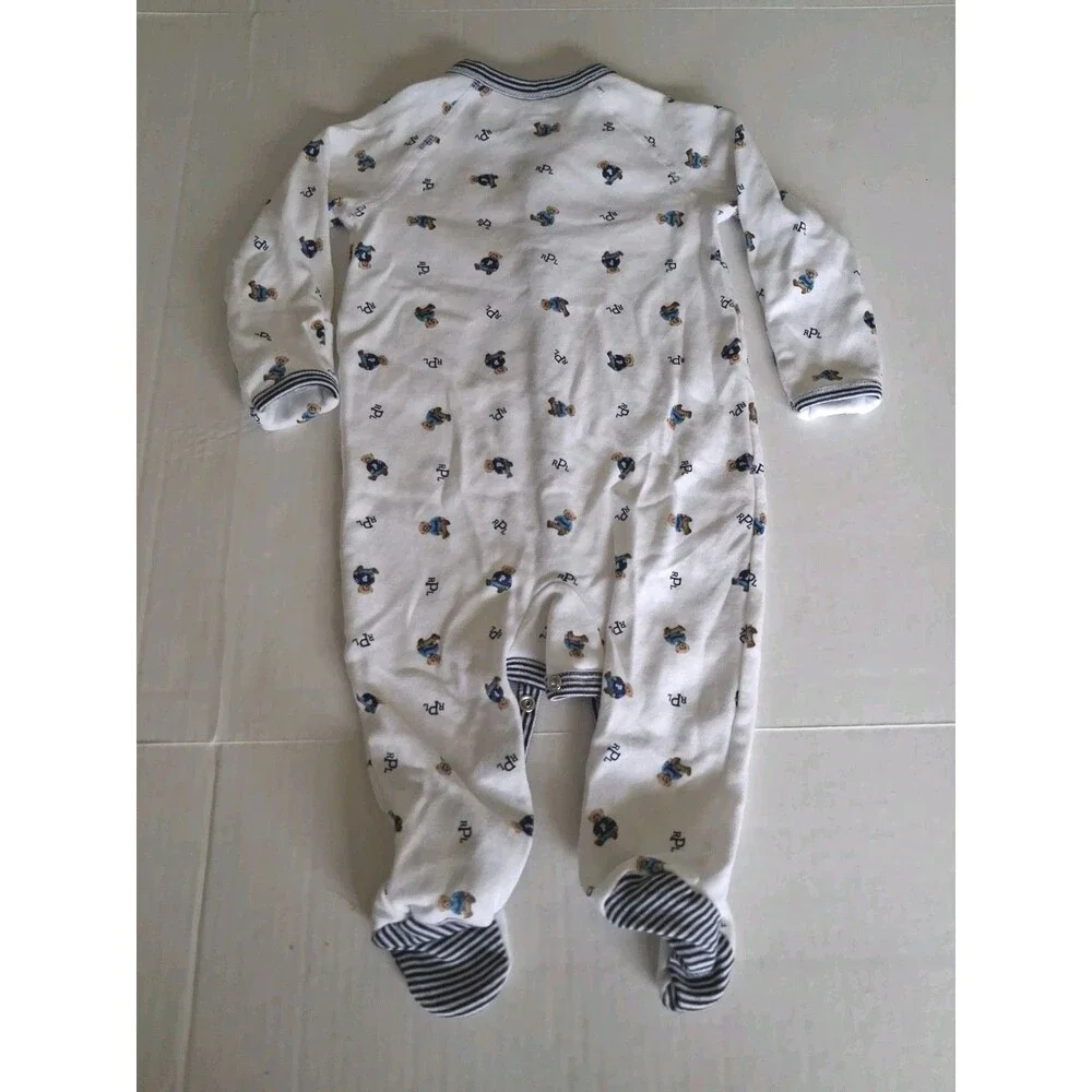 Ralph Lauren Baby Sleeper Blue White Classic Bear Footed Pajamas Cotton 6M Polo